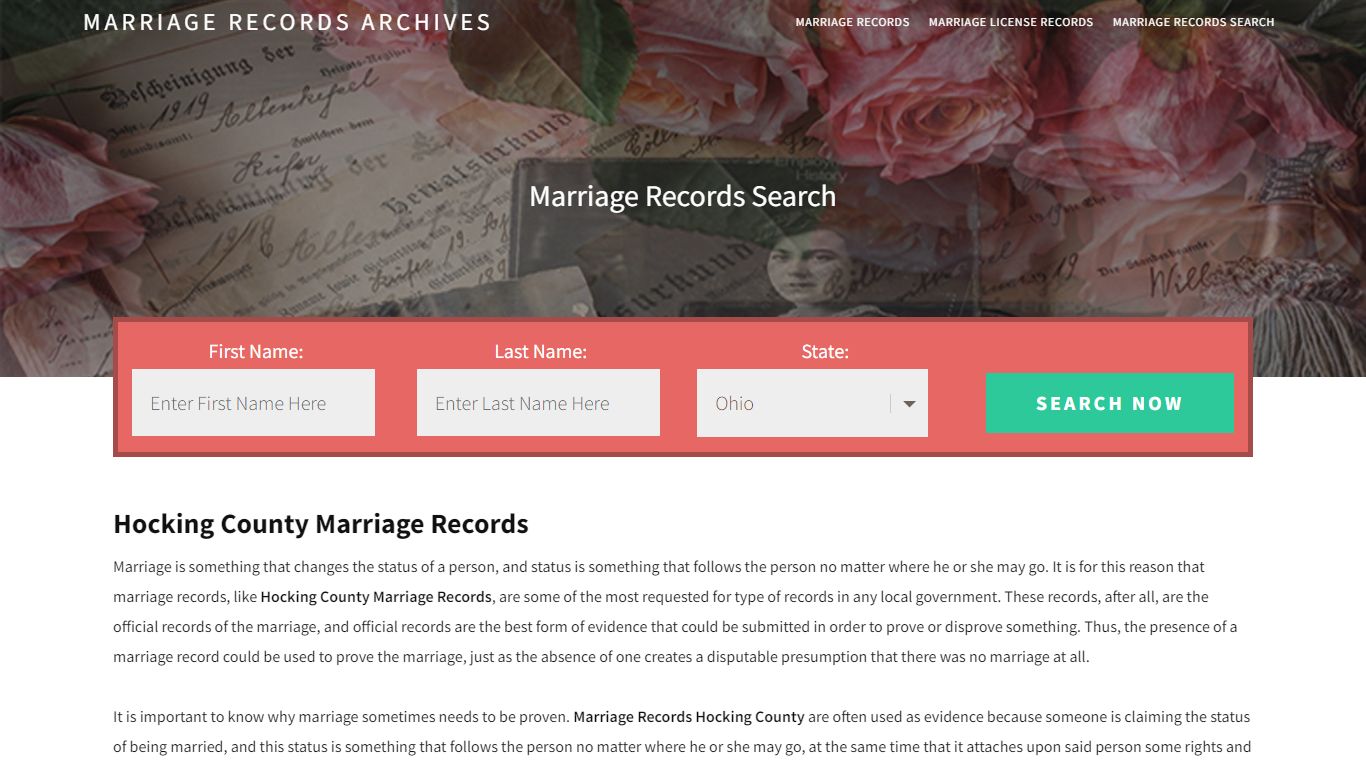 Hocking County Marriage Records | Enter Name and Search