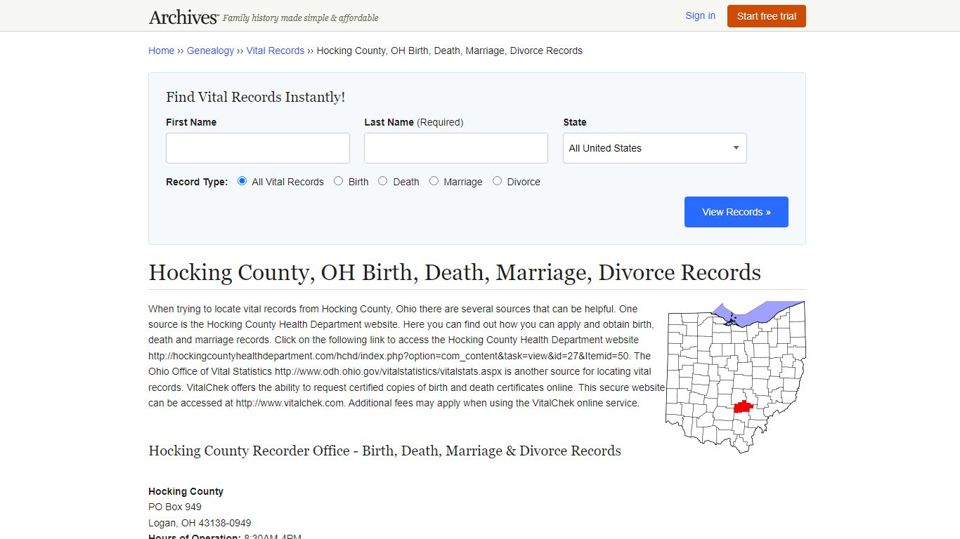 Hocking County, OH Birth, Death, Marriage, Divorce Records